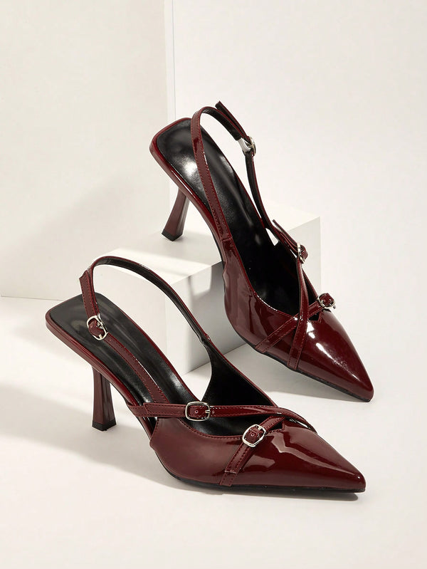 Burgundy Cross Strap Buckle Stiletto High Heel Sandals With Pointed Toe For Wedding Party